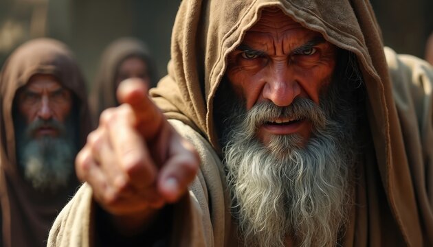 Angry old man with grey beard points finger in accusation. Biblical Pharisee character judging Jesus with rage. Elder prophet in ancient hooded robe condemns someone. Historical scene of conflict,