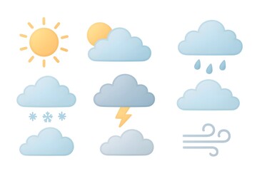 Fototapeta premium Soft gradient weather icons set featuring sun, partly cloudy, overcast, rain, snow, thunderstorm, wind, and light clouds. Minimal pastel style, clean symbols, isolated on white for apps.