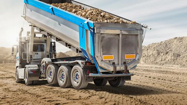 A dump truck is unloading materials at a construction site. The truck has a blue top and silver body. Dust rises as the materials fall to the ground.