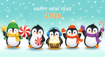 Cartoon Penguins Wearing Winter Accessories