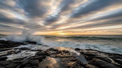 Ocean wave crashing on rugged coastline at sunset with dramatic sky