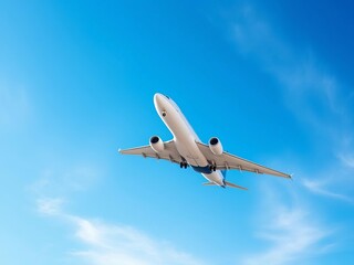 Obraz premium Sleek jetliner soars through vast blue sky on sunny day, passenger, voyage