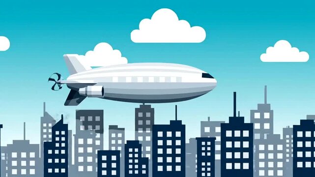 Airship Flying Over City Skyline with Clouds in Blue Sky.
