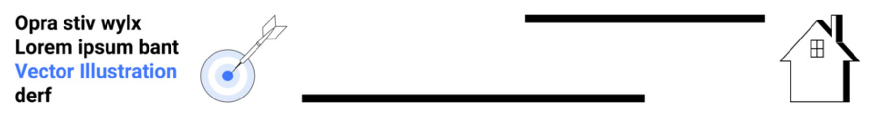 Success, real estate, goals, property investment, achievement, housing market. Arrow hitting target next to a black outlined house. Success and real estate concept