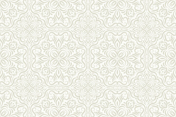 Ornate Seamless pattern. Light beige background with swirling elements for wallpaper, fabric. Classic, elegant aesthetic with a slightly vintage or damask feel