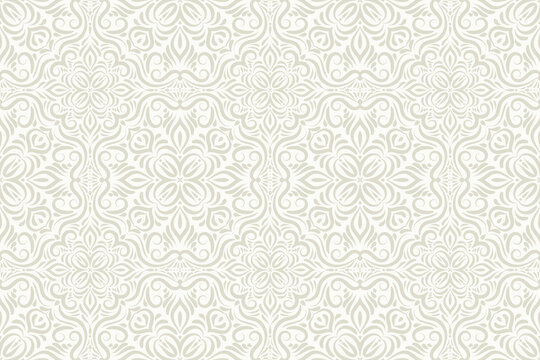 Ornate Seamless pattern. Light beige background with swirling elements for wallpaper, fabric. Classic, elegant aesthetic with a slightly vintage or damask feel