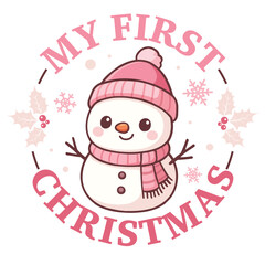 My First Christmas snowman for girl, round frame with snowflakes