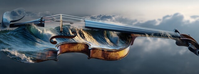 Surreal Blend of Violin Bow and River Currents Depicting Artistic Harmony Between Music and Nature