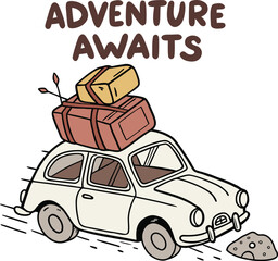 Vintage Car with Luggage "Adventure Awaits" Travel Illustration