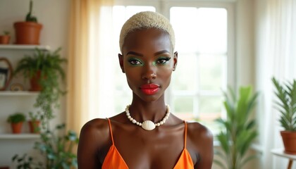 Black transgender person with stylish makeup, short blond hair looks at camera. Androgynous non binary model with red lips poses indoors. Queer individual in orange top with seashell necklace