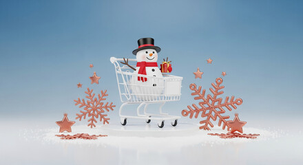3D render of a snowman in a shopping cart, holding a gift, with star and snowflake ornaments, representing festive shopping and winter celebration