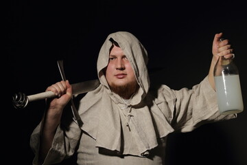 A menacing warrior monk with a sword in one hand and a bottle filled with elixir or just moonshine in the other hand