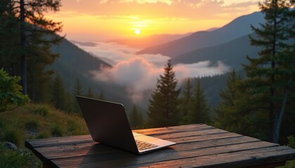 Laptop sits on wooden table at mountain sunrise. Remote work concept. Sun rises above hills with fog and clouds. Nature background with forest and trees. Peaceful serene work atmosphere.
