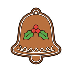 Christmas Gingerbread Bell Cookie with Holly Berry Decoration Vector Illustration
