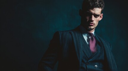 Stylish Man in Structured Suit Poses Deliberately Against Dark Background for Modern Portrait