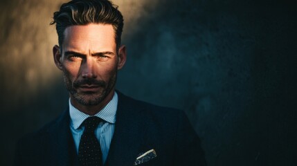 Portrait of a Confident Man in a Structured Suit, Capturing Strong Features and Dramatic Lighting for Fashion or Professional Themes
