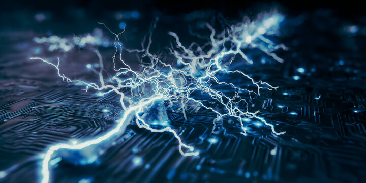 Spiking Neural Network visualization background with electric white light bursts traveling along organic branching pathways on a dark circuit board