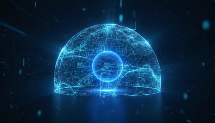 A glowing digital sphere with intricate network lines and a central core is displayed