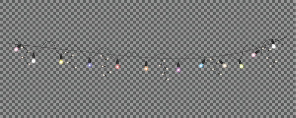 Realistic colorful glowing string lights garland on transparent background. Festive hanging bulbs for decoration	