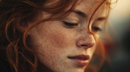 Portrait of a Woman with Red Hair and Freckles Illuminated by Soft Natural Light