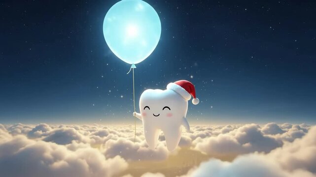 Cute tooth cartoon character wearing a Santa hat holding a balloon floating above the clouds. Christmas dental health concept.