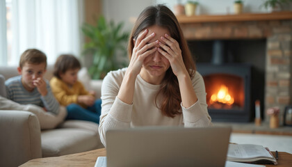 Tired mother holds head in hands working on laptop while children play nearby. Woman feels overwhelmed with domestic tasks and remote job. Family home life, burnout frustration.