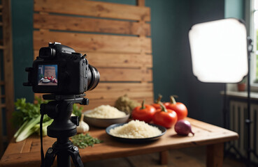 Camera on tripod captures food styling setup with rice tomatoes and herbs. Professional photo shoot with softbox light and wooden backdrop for culinary content creation.
