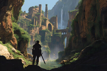 Lone adventurer exploring ancient ruins with sword in majestic canyon landscape