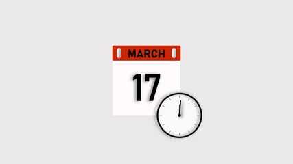 March 17 date animation. Calendar and clock icon animation, on white background. Stunning 4k animation.