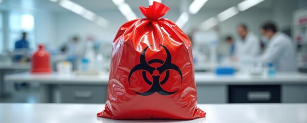 Red biohazard waste bag with black symbol sits on clean lab bench. Marks dangerous medical materials for proper disposal in research facility. Blurred scientists conduct experiments in bright