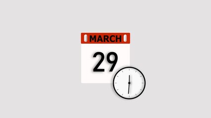 March 29 date animation. Calendar and clock icon animation, on white background. Stunning 4k animation.