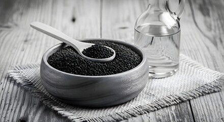 Bowl of black cumin seeds with wooden spoon, clear bottle of oil and burlap mat on wooden surface