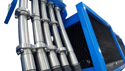 Obraz premium Industrial equipment with metallic pipes, hoses, and a radiator-like component, blue