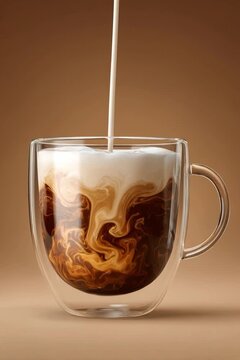 A stream of milk entering a glass cup full of coffee