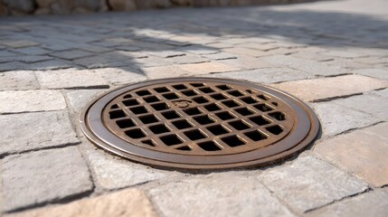 A weathered circular metal drain cover sits in a textured cobblestone pavement under sunlight
