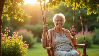 Elderly woman smiles while sitting on swing in garden. Senior woman enjoys sunny day outdoors in lush green park with flowers. Mature lady relaxes on wooden swing.