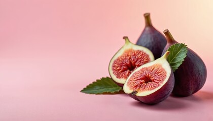 Fresh figs on pink backdrop. Cut fruits expose their vibrant interiors. Two whole figs, one green leaf complete arrangement. Food photo suitable for health blogs recipe websites or culinary designs.