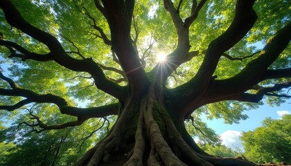 View from below giant ancient tree with massive roots. Sun shines through green leaves and branches. Blue sky with clouds above dense forest canopy.