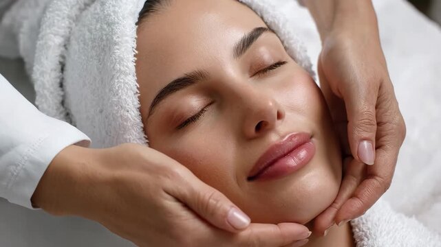 Medium shot of relaxed facial expression coaching emphasizing soft features gentle eye gaze and calm demeanor during the session.