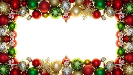 Christmas frame border with red and gold bauble ornaments on white background