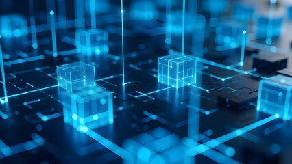 Abstract digital network background with glowing blue cubes and connecting data streams