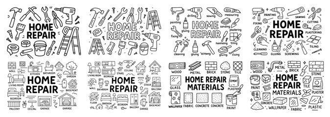 Home repair tools and materials icons set