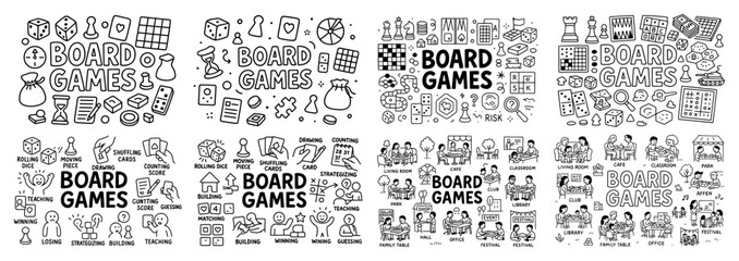 Board games collection with dice and playing cards
