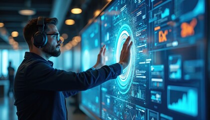 Man with glasses and headphones interacts with digital futuristic screen interface. He touches interactive data panel in smart office. Tech worker works with ai augmented reality and virtual reality.