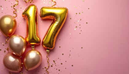 Golden number 17 balloons with other gold balloons and streamers float against a pink background scattered with star confetti. It is perfect for a birthday or anniversary celebration.
