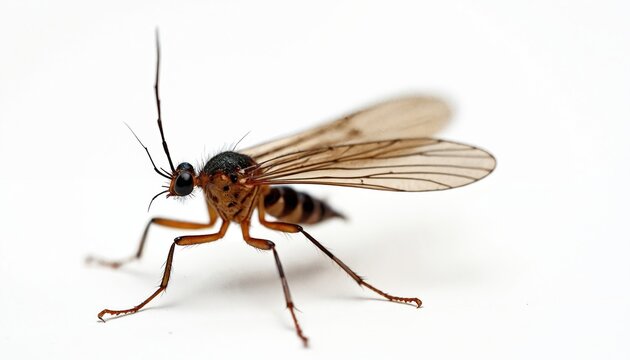 Macro photo of dark winged fungus gnat on white background. This small insect has striped abdomen and large compound eyes. It is a common household pest.