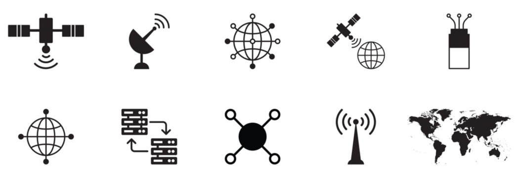 Digital Global Network & Connectivity Linear Icon Set &ndash; Globe, Satellite, Data Transfer, Fiber Optic, Communication Signals & Technology Symbols
