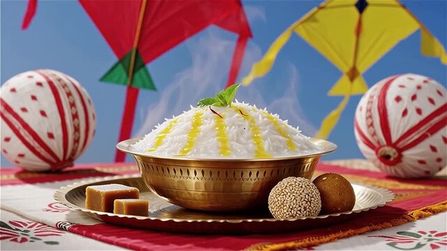 Traditional Indian Makar Sankranti Festival Feast with Steaming Rice, Til Laddu, and Sweets. Festive Celebration Background with Kites and Blue Sky.