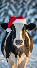 Portrait of black and white cow with red Santa hat, symbolizing festive spirit, winter holiday or animal related seasonal greeting concept