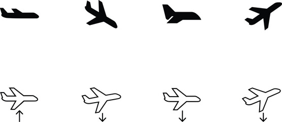 Airplane Icons Set Featuring Flight Directions, Takeoff, Landing, and Aviation Symbols in Minimal Black and White Line Style
